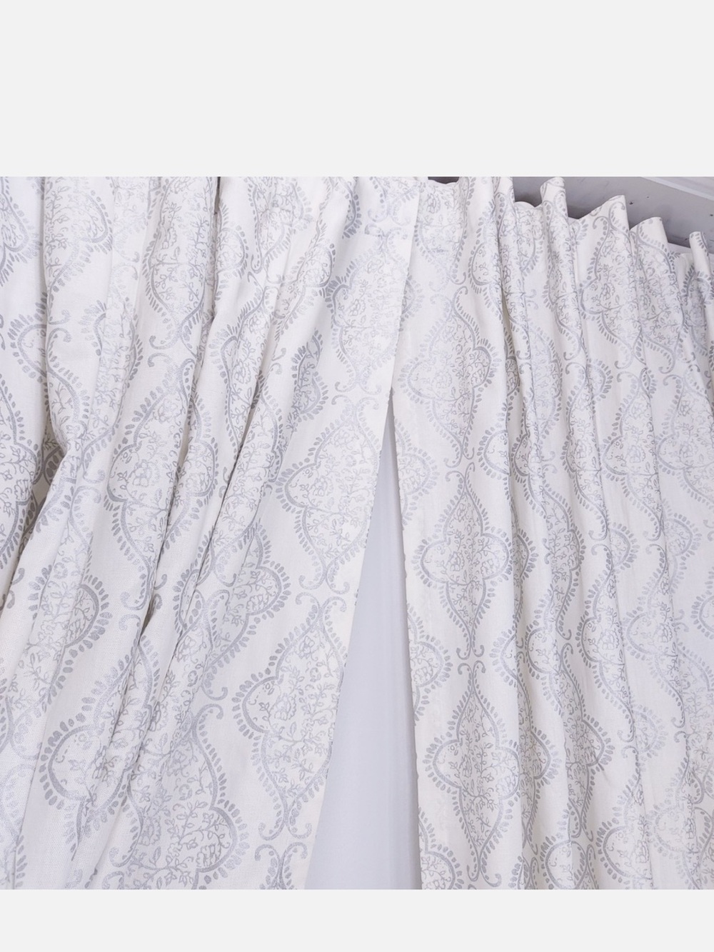 Tahari White Curtains with Silver Gray Damask Scrolls 52”x90” set of 2